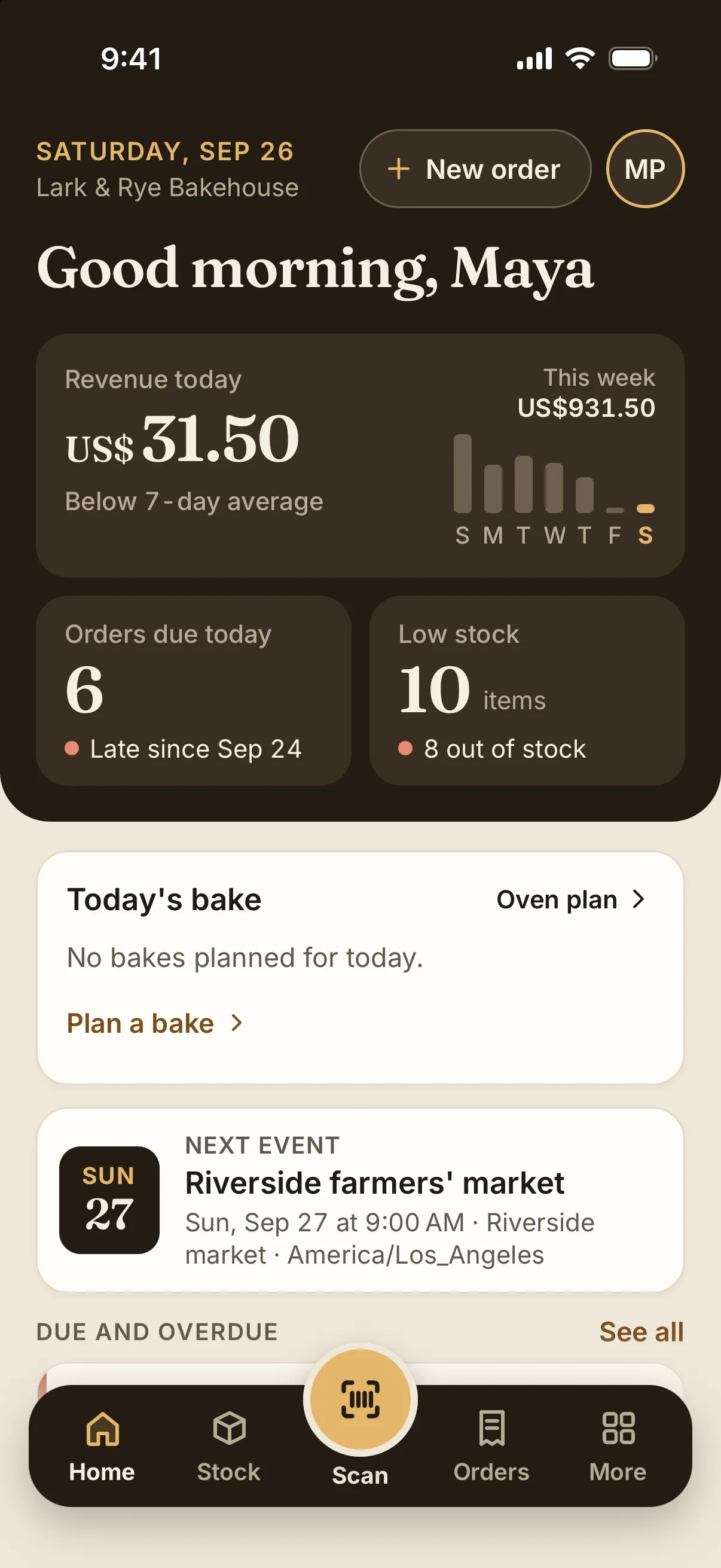 The Butterbase app home screen: today's revenue, orders due today, low stock, today's bake, and the next market