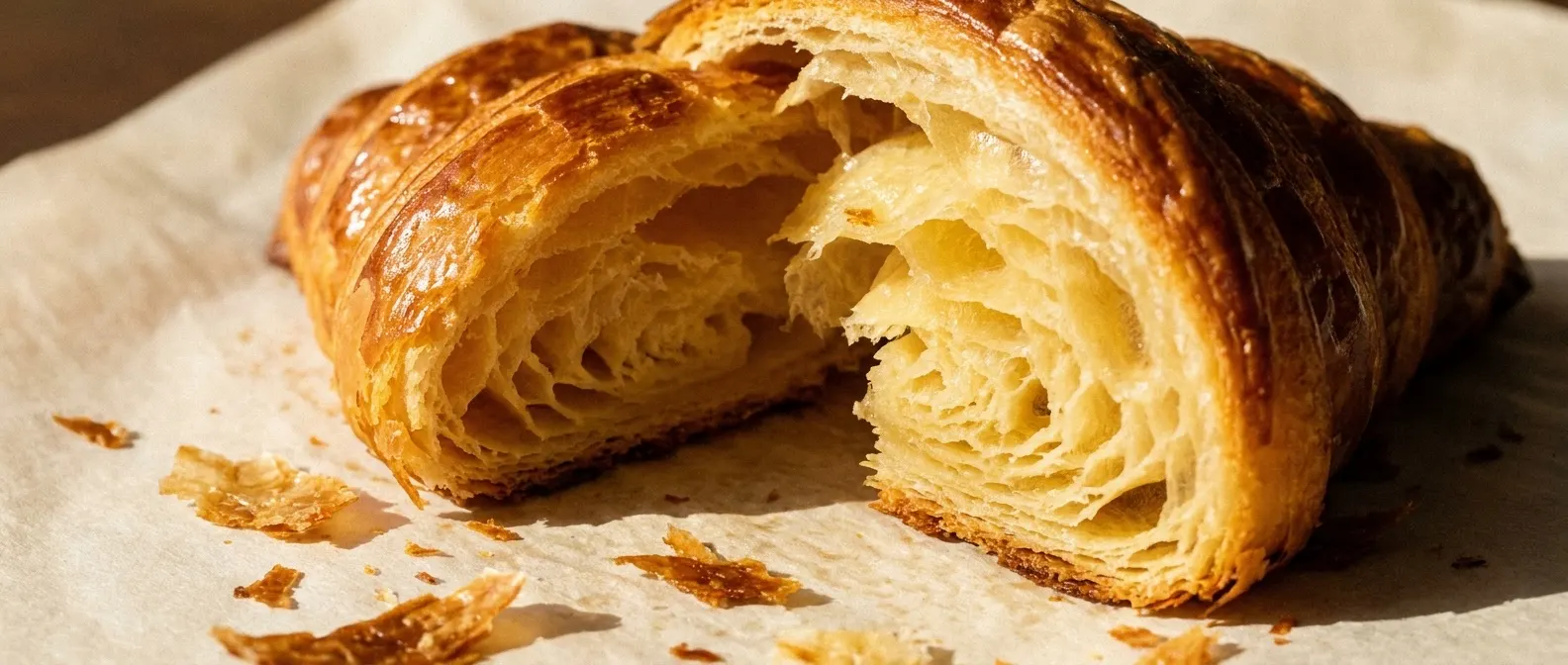 A torn almond croissant on baking parchment, showing the laminated crumb