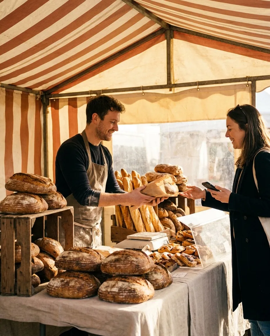 A baker passing a wrapped loaf across a market stall into a customer's hands