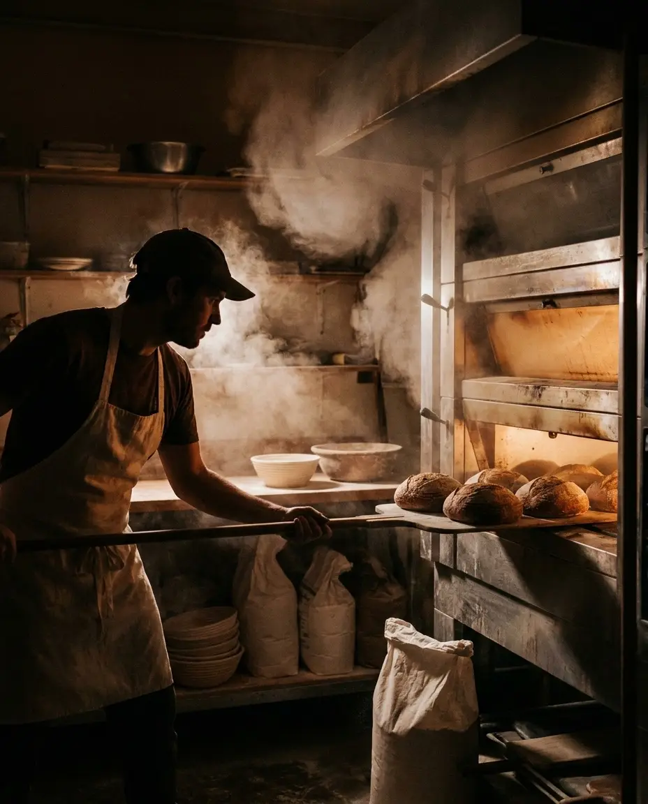 A baker sliding loaves into a glowing oven before dawn