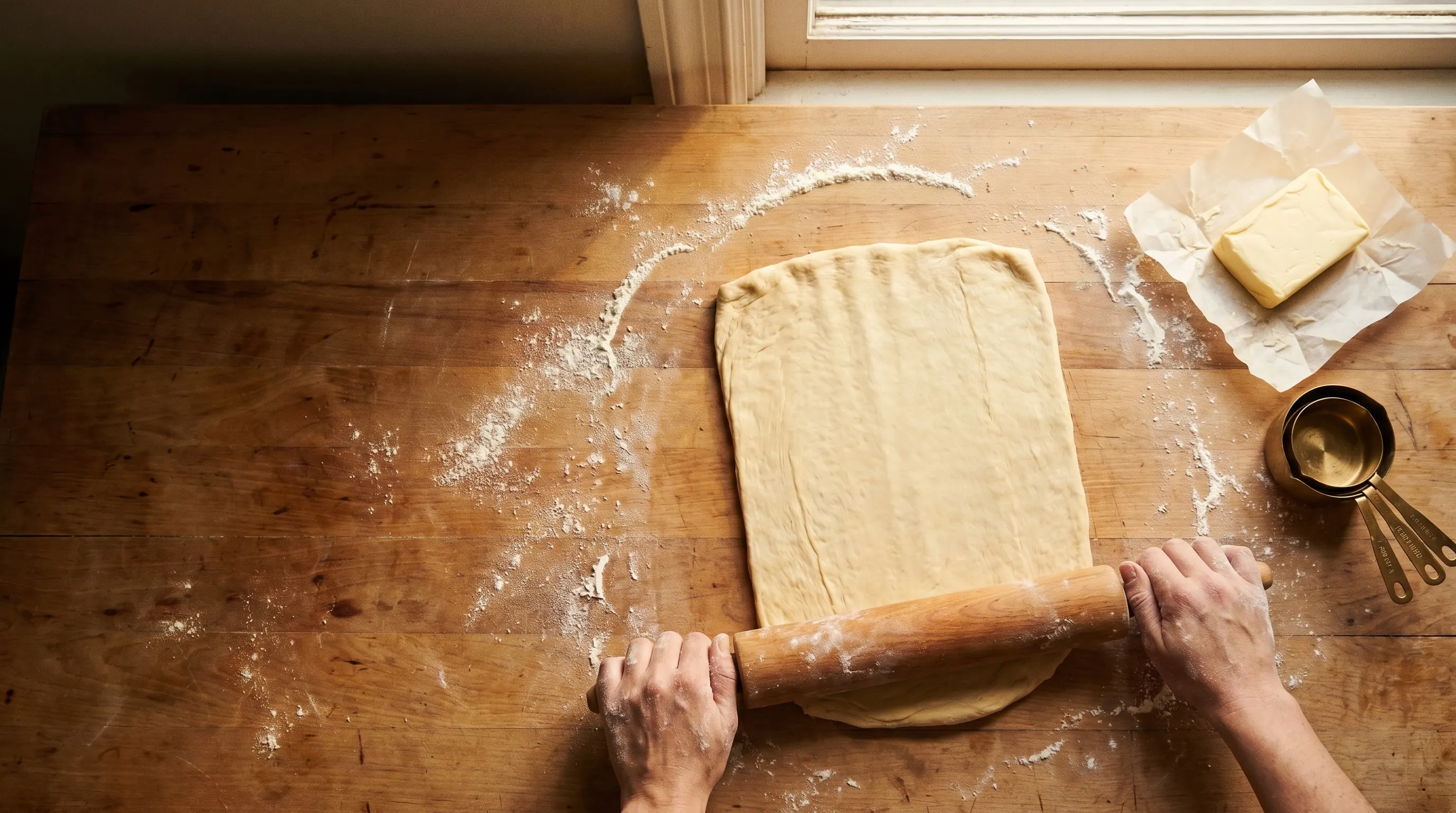 Hands rolling laminated dough on a flour-dusted bench, a block of butter on parchment beside it