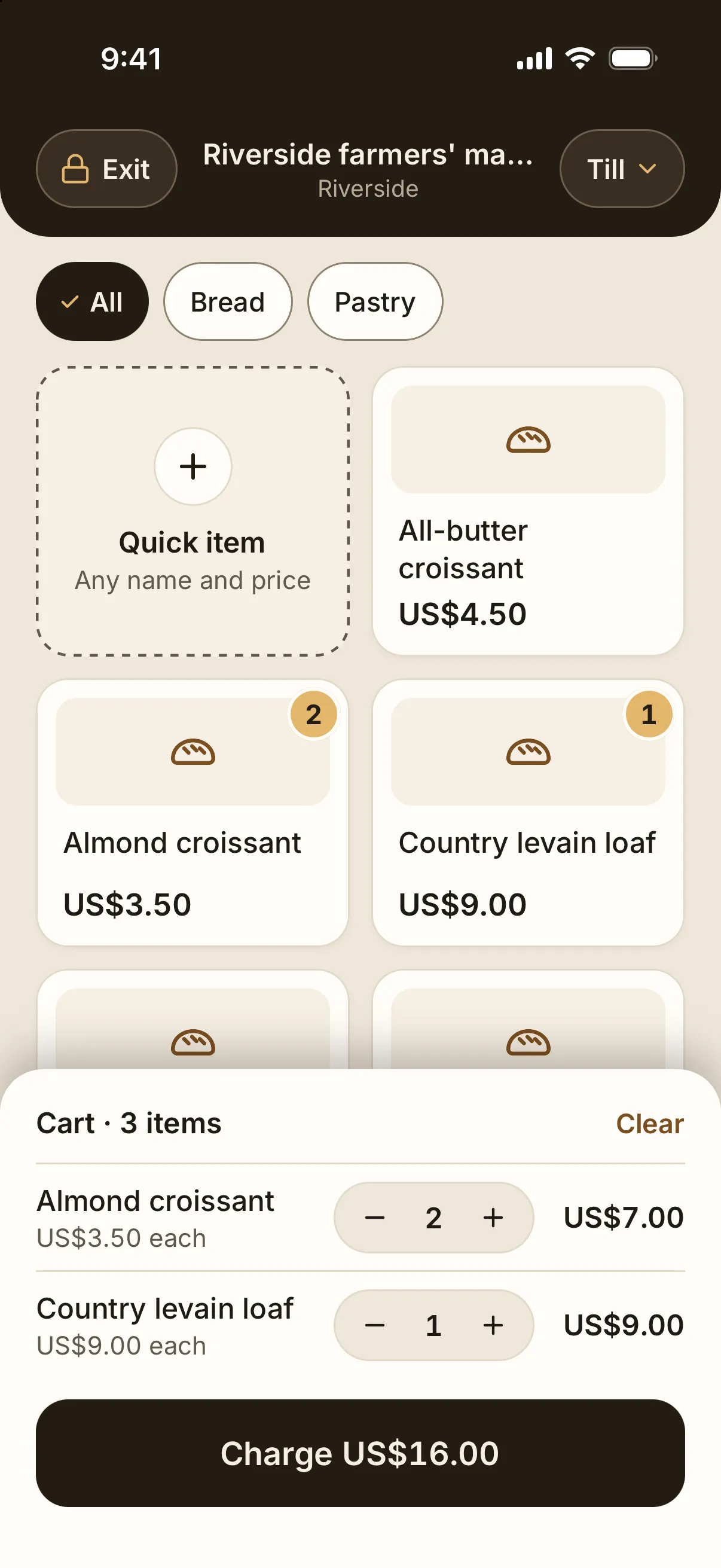 The Butterbase kiosk screen at a farmers market: products with their prices, two almond croissants and a country levain loaf in the cart, and a Charge button for $16.00