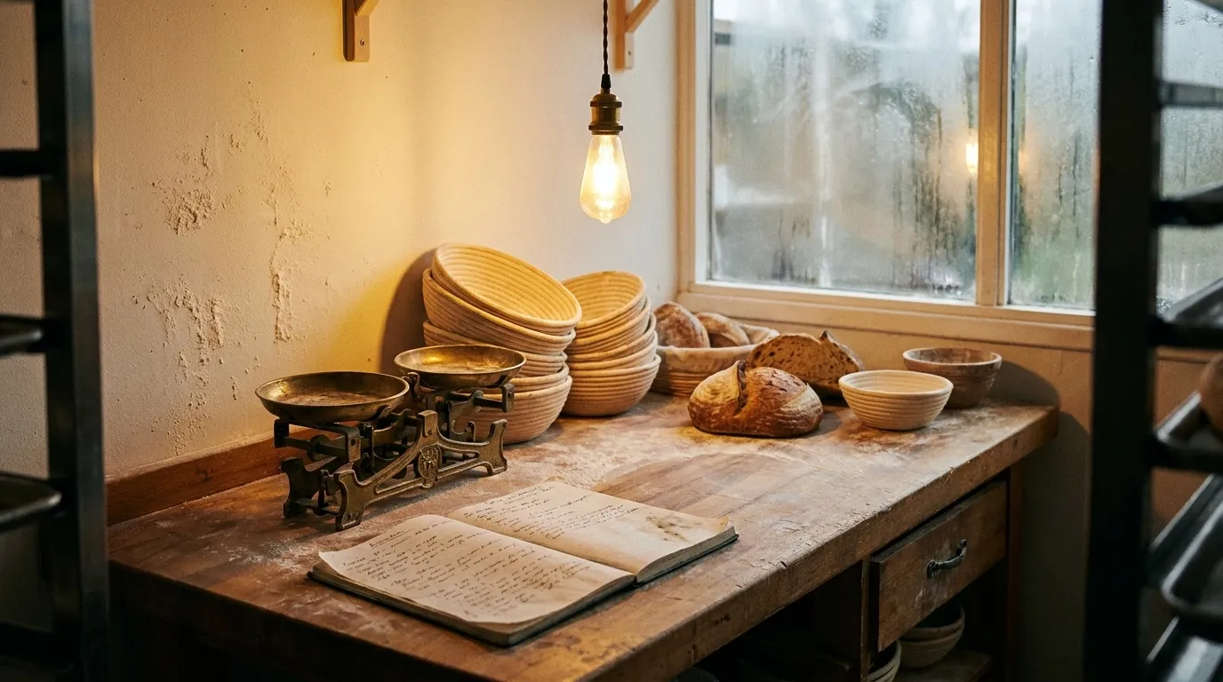A brass beam scale and an open handwritten notebook on a floured bakery bench